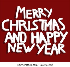 beautiful hand drawn calligraphic text merry christmas and happy new year with red bachground and white text. great for christmas invitation text, greeting card andd other print 