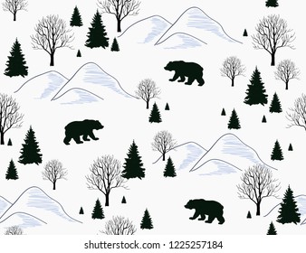 Beautiful Hand drawn Christmas seamless pattern, background with bear, winter forest landscape, mountains. Isolated on white background.Holiday background.Unique hand drawn texture.Vector illustration