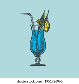 beautiful hand drawn cocktail illustration on blue background