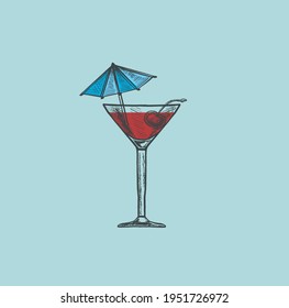 beautiful hand drawn cocktail illustration on blue background