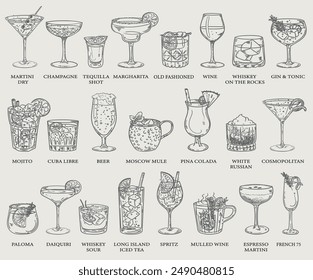 Beautiful hand drawn collection of drinks and cocktails - vector illustration