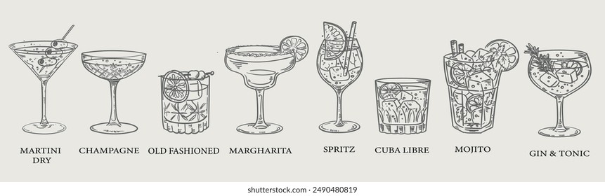 Wunderschöne handgezeichnete Kollektion von Getränken und Cocktails - Vektorillustration