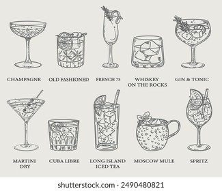 Wunderschöne handgezeichnete Kollektion von Getränken und Cocktails - Vektorillustration