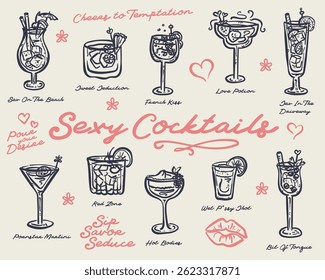 Hermosa colección dibujada a mano de bebidas y cócteles Edición: Cócteles Sexy - Ilustración vectorial
