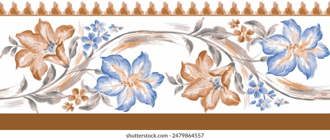 Beautiful hand drawn colorful floral border design ,digital flower border. digital print design, textile print design, floral border design.