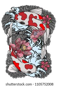 Beautiful Hand drawn and coloring book koi fish.Traditional Japanese carp with poppy flower and peach blossom on water splash background.Koi fish tattoo design.