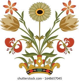 Beautiful hand drawn colour flowers  with green leaves