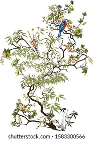 Beautiful hand drawn colour full  tree with bird