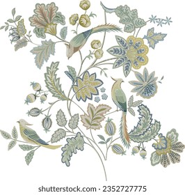 Beautiful hand drawn colour full floral pattern with birds