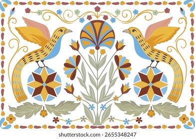 Beautiful hand drawn colour full floral motif with birds.