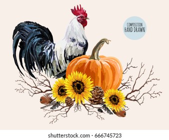 Beautiful hand drawn composition with rooster, sunflowers, pumpkin, feathers and fall branches. Isolated on white background.