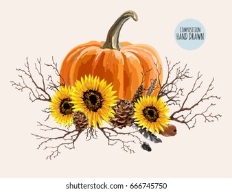 Beautiful hand drawn composition with  sunflowers, pumpkin, feathers and fall branches. Isolated on white background.