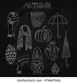 Beautiful hand drawn cozy autumn vector illustrations, on a chalk board. Set of white lined essentials. Umbrella, coffee cup, pumpkin, scarf. Lettering design. EPS10
