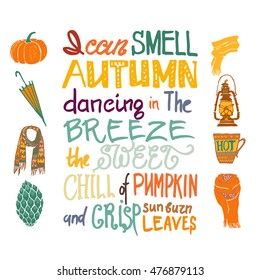 Beautiful hand drawn cozy autumn vector illustrations. Postcard. Lettering design. EPS10