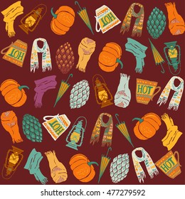 Beautiful hand drawn cozy autumn vector seamless pattern illustration. Umbrella, coffee cup, pumpkin, scarf. Lettering design. EPS10