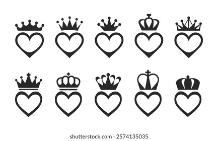 Beautiful Hand drawn crowned hearts set , king and queen crown on heart, sketch love crowns hearts