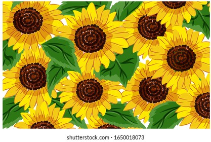 Beautiful hand drawn and cute sunflower seamless pattern. Tropical background in summer. Botanical wallpaper
