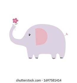 Beautiful hand drawn decorative color vector illustration. Cute pink elephant in the Scandinavian style of flat illustration. Design idea for children's t-shirts, postcards. Greeting card template