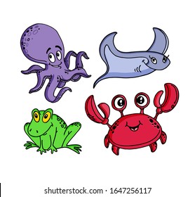 Beautiful hand drawn doodle cartoon animals set. Cartoon sea animal - octopus, crab, frog.