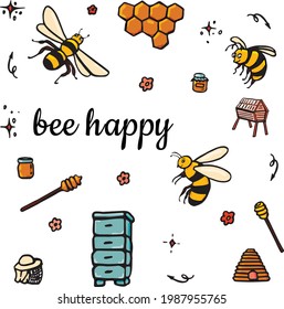 Beautiful hand drawn doodle with happy bees. Organic product. Golden fun bee. Sweet vector set.