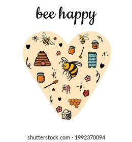 Beautiful hand drawn doodle with happy bees. Organic product. Golden fun bee. Sweet set.