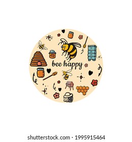 Beautiful hand drawn doodle with happy bees. Organic product. Golden fun bee. Sweet set.