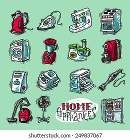 Beautiful hand drawn doodle icon set home appliahces