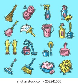 Beautiful hand drawn doodle icon set cleaning service