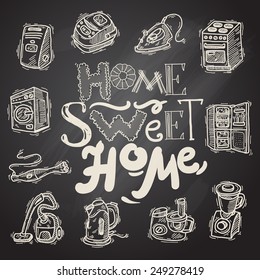 Beautiful hand drawn doodle illustration home sweet home on the chalkboard