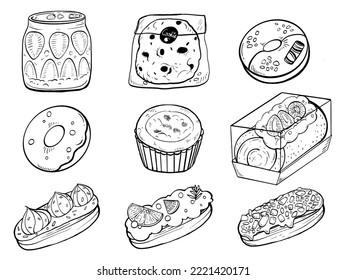  bellas líneas de doodle dibujadas a mano conjunto de pastelería dulce de pastelería con embalaje sin vector de fondo