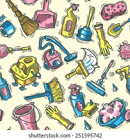 Beautiful hand drawn doodle seamless pattern cleaning service