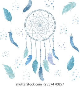 Beautiful hand drawn dreamcatcher boho style Vector with bird feathers