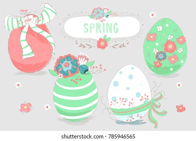 Beautiful, hand drawn easter eggs set, collection. Painted eggs with flowers, floral wreath, tied bow and berries. Floral frame with spring typography