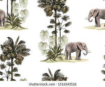 Beautiful hand drawn elephant, tropical vintage palm trees and elephants floral seamless pattern white background. Exotic jungle wallpaper. Isolated on white background. 
