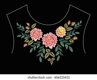 Beautiful hand drawn embroidery flowers on black background. Perfect for your design.