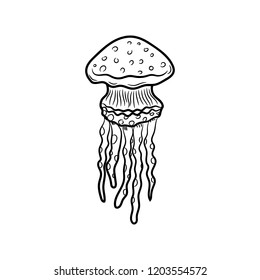 Beautiful hand drawn fashion jellyfish icon. Hand drawn black sketch. Sign / symbol / doodle. Isolated on white background. Flat design. Vector illustration.