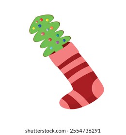 A Beautiful hand drawn fashion red and pink vector illustration of the Knitted Christmas Sock with a fir tree isolated on a white background