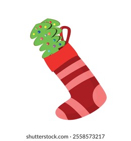 Beautiful hand drawn fashion red and pink vector illustration of the Knitted Christmas Sock with a fir tree isolated on a white background