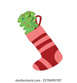 Beautiful hand drawn fashion red and pink vector illustration of the Knitted Christmas Sock with a fir tree isolated on a white background