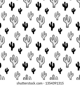 Beautiful hand drawn fashion seamless pattern cactus icon. Hand drawn black sketch. Sign / symbol / doodle. Isolated on white background. Flat design. Vector illustration.