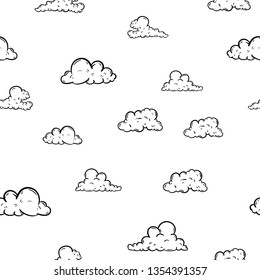 Beautiful Hand Drawn Fashion Seamless Pattern Cloud Icon. Hand Drawn Black Sketch. Sign / Symbol / Doodle. Isolated On White Background. Flat Design. Vector Illustration.