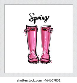 Beautiful hand drawn fashion vector illustration: pink spring hunter boots. Trendy style graphic sketch. Isolated art element on white background.