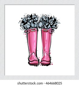 Beautiful hand drawn fashion vector illustration: pink rubber flowers boots. Trendy style graphic sketch. Isolated art element on white background.