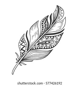 Beautiful hand drawn feather doodle, curly boho sketch isolated on white background. Vintage vector illustration.