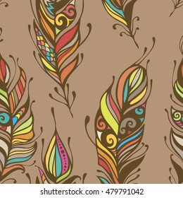 Beautiful hand drawn feathers boho and hippie style seamless pattern background