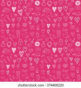 Beautiful hand drawn festive pattern. on pink background Colorful pattern with hearts for Valentine's Day. Pattern can be used for the paper background, invitations and other objects