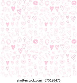 Beautiful hand drawn festive pattern on white background. Colorful pattern with hearts for Valentine's Day. Pattern can be used for the paper background, invitations and other objects