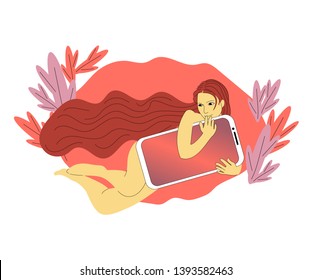 Beautiful hand drawn flat style girl with long hair is lying holding big smartphone, naked legs, playful pose. Isolated on white background. Stock vector illustration.