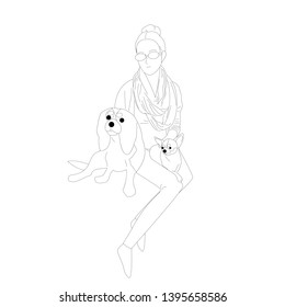 Beautiful hand drawn flat style girl with sunglasses is petting two small dogs. Isolated on white background. Stock vector illustration.

