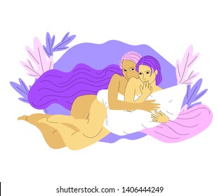 Beautiful hand drawn flat style couple of girls with long hair are lying holding big pillow, naked legs, playful pose. Isolated on white background. Stock vector illustration.
